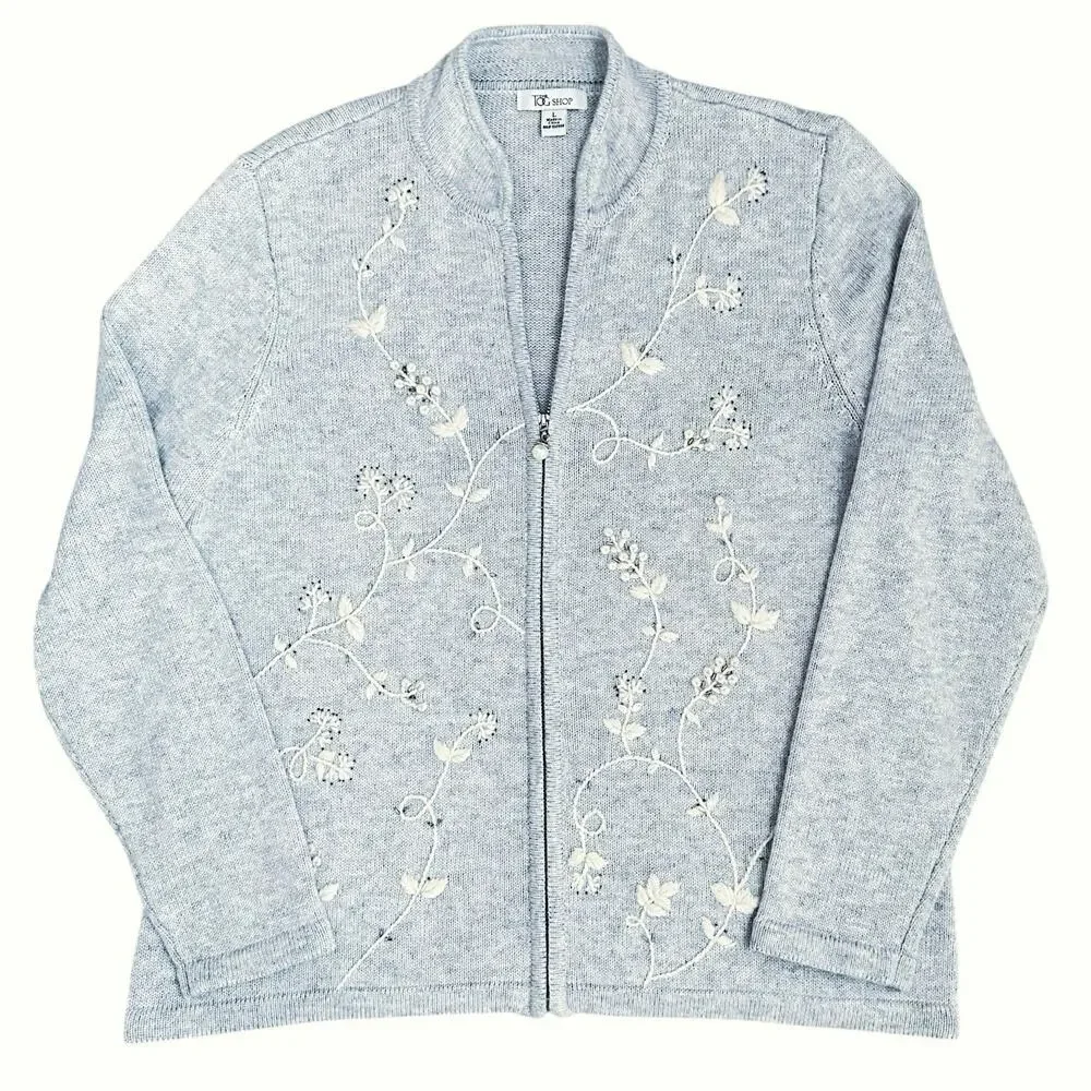 The Tog Shop Gray Floral Embroidered Zip Cardigan Pearl Pull L Cottagecore